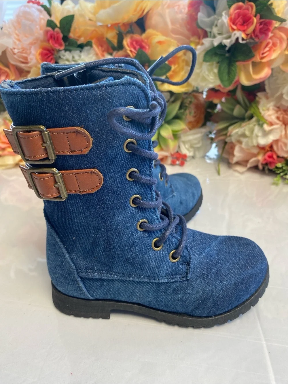 Toddler Denim Moto Lace-Up Boots Side Zip Buckle Blue Size 8